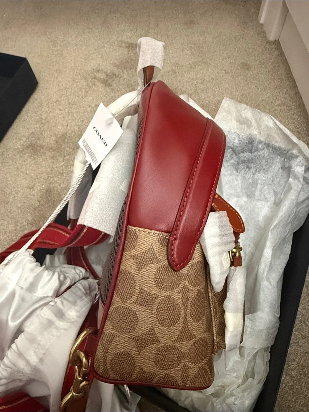 Coach Mini Backpack in Khaki Signature Canvas with Red and Purple Accents